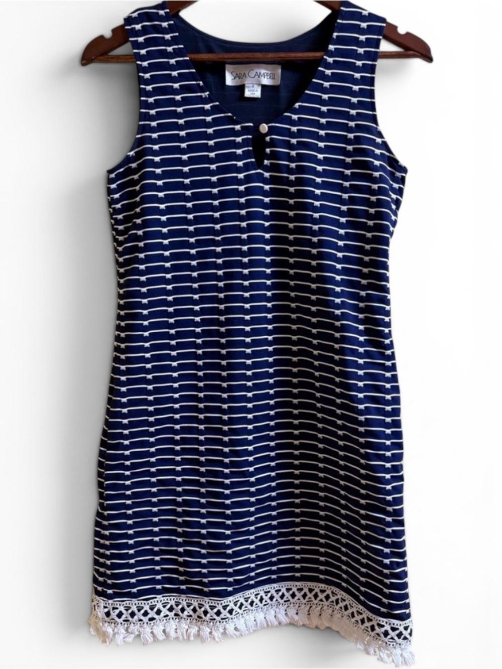 Sara Campbell Blue White Patterned FRINGED Midi Dress Size S Small Pre~Loved